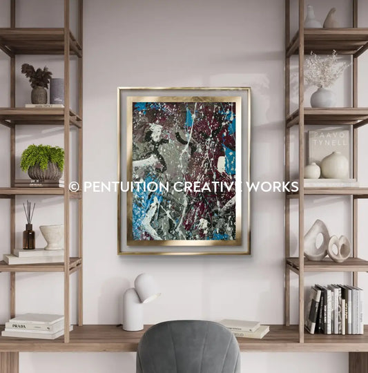 Modern interior with a abstract painting on the wall, shelves with decor, and a chair.