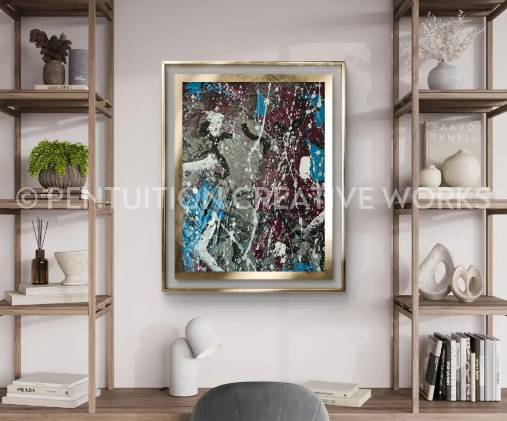Modern interior with a abstract painting on the wall, shelves with decor, and a chair.